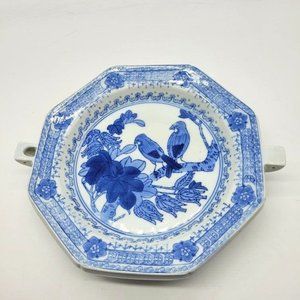 VTG Chinese Export Ware Blue Birds on Branch Warming Dish Entertaining Dinner